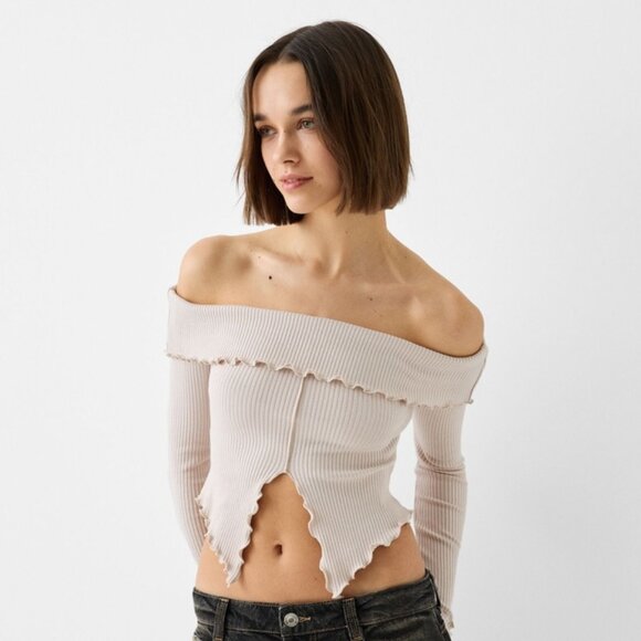 BERSHKA Tops - BERSHKA Bardot neck sweater in Stone